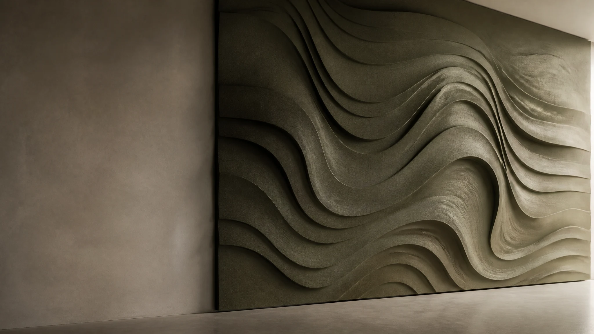 Monumental 3D-printed architectural relief panel in olive drab matte finish casting soft directional shadows
